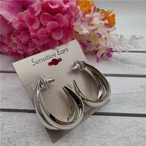 Unbranded Sensitive Ears Chunky Hoop Earrings Silver Tone Oval 39mm NWT Pierced